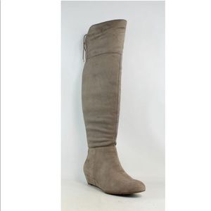 Knee high/ thigh high suede taupe boot wedge